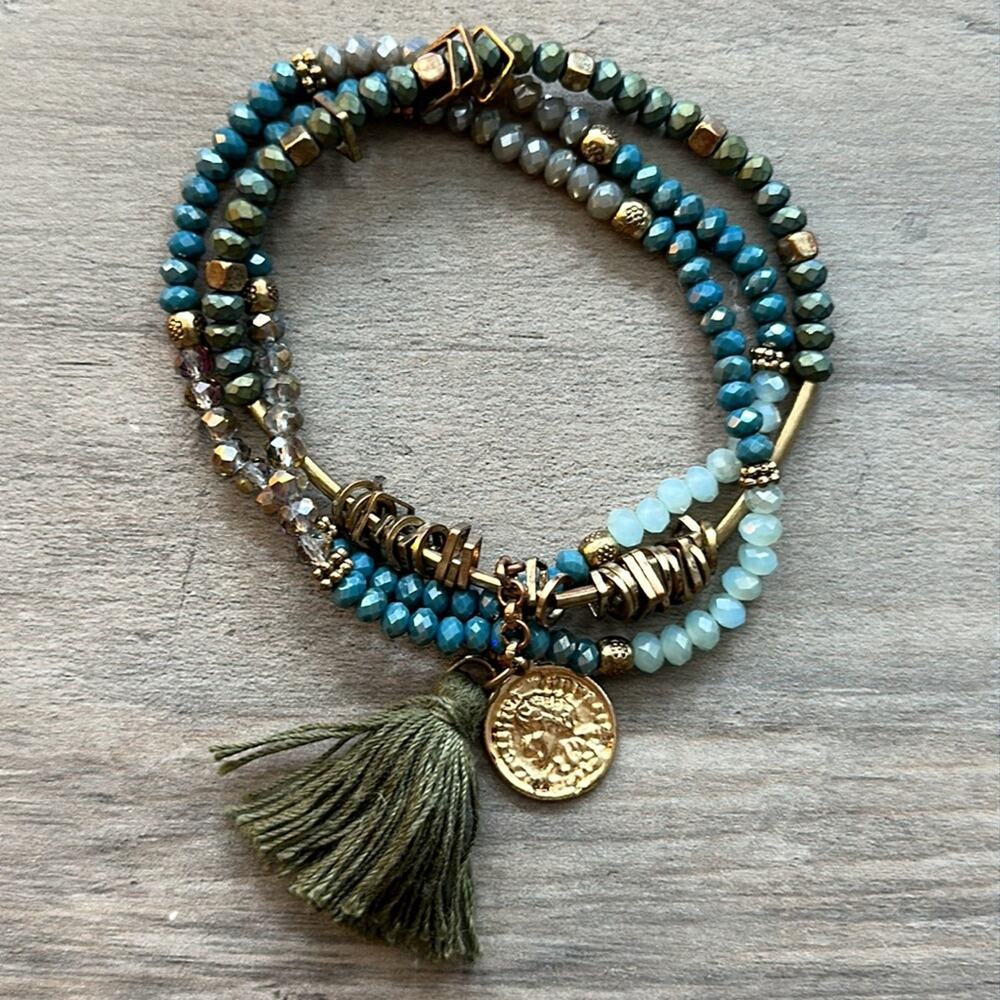 Bohemian Tasseled Charm Bracelet Teal Brown Gold Coin Fashion Costume Boho - Picture 3 of 3